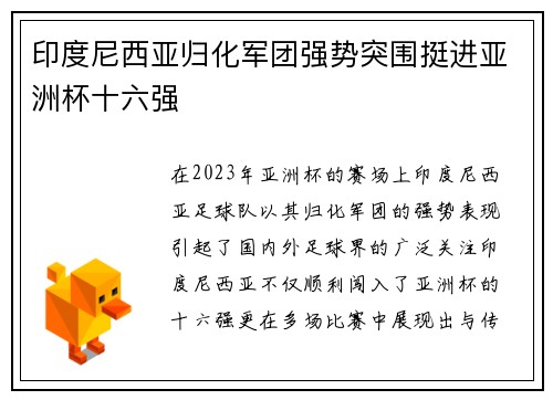 印度尼西亚归化军团强势突围挺进亚洲杯十六强