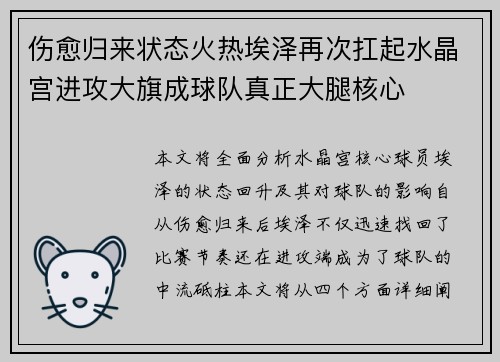 伤愈归来状态火热埃泽再次扛起水晶宫进攻大旗成球队真正大腿核心